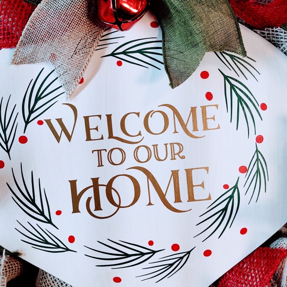 HAND CRAFTED CHRISTMAS BURLAP WREATH 24" "WELCOME TO OUR HOME WOOD SIGN" - Picture 7 of 9